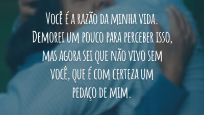 Você é a razão da minha vida. Demorei um pouco para perceber isso, mas agora sei que não vivo sem você, que é com certeza um pedaço de mim.