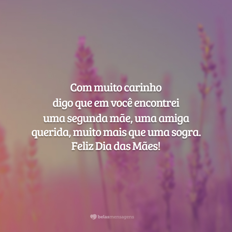 Com muito carinho digo que em você encontrei uma segunda mãe, uma amiga querida, muito mais que uma sogra. Feliz Dia das Mães!