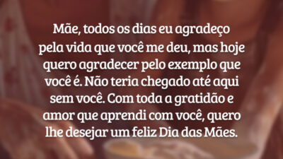 Mãe, todos os dias eu agradeço pela vida que você me deu, mas hoje quero agradecer pelo exemplo que você é. Com toda a gratidão e amor que aprendi com você, quero lhe desejar um feliz e lindo Dia das Mães.