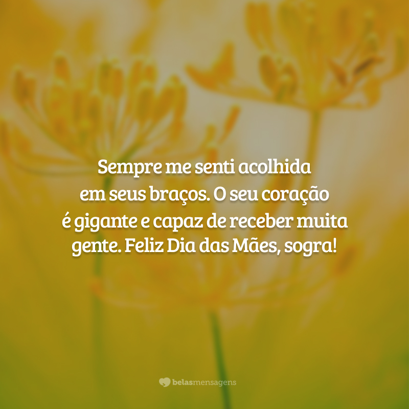 Sempre me senti acolhida em seus braços. O seu coração é gigante e capaz de receber muita gente. Feliz Dia das Mães, sogra!