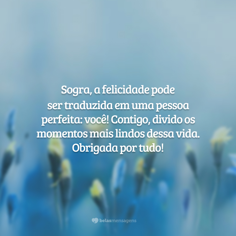 Sogra, a felicidade pode ser traduzida em uma pessoa perfeita: você! Contigo, divido os momentos mais lindos dessa vida. Obrigada por tudo!