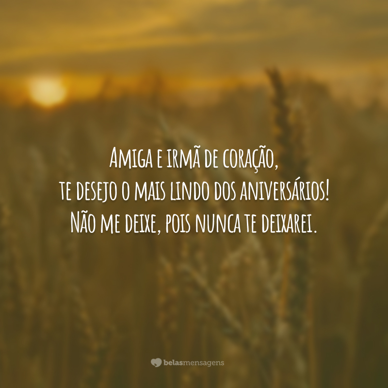 Amiga e irmã de coração, te desejo o mais lindo dos aniversários! Não me deixe, pois nunca te deixarei.