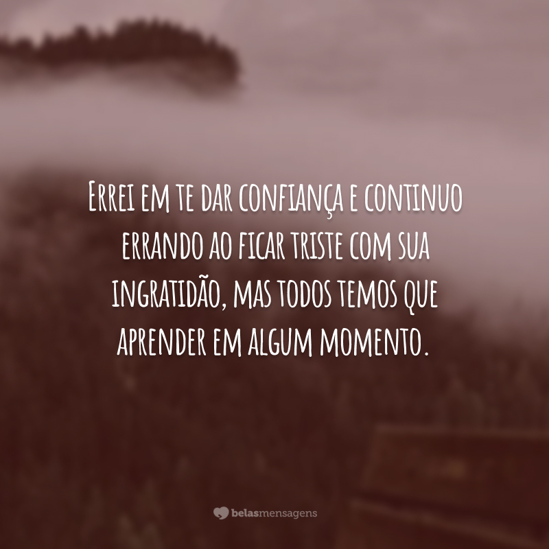 Errei em te dar confiança e continuo errando ao ficar triste com sua ingratidão, mas todos temos que aprender em algum momento.