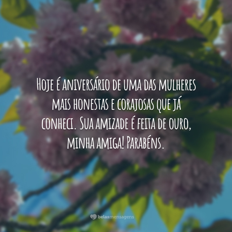 Hoje é aniversário de uma das mulheres mais honestas e corajosas que já conheci. Sua amizade é feita de ouro, minha amiga! Parabéns.