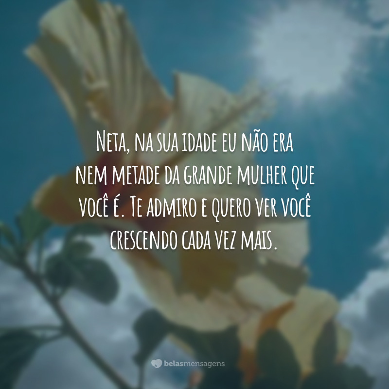 Neta, na sua idade eu não era nem metade da grande mulher que você é. Te admiro e quero ver você crescendo cada vez mais.