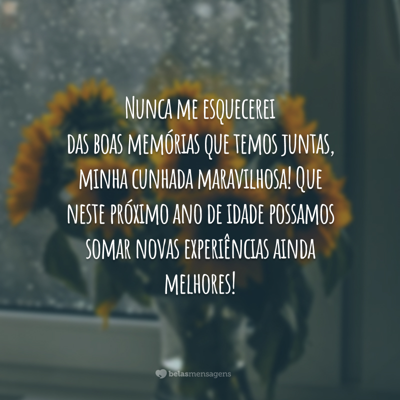 Nunca me esquecerei das boas memórias que temos juntas, minha cunhada maravilhosa! Que neste próximo ano de idade possamos somar novas experiências ainda melhores!