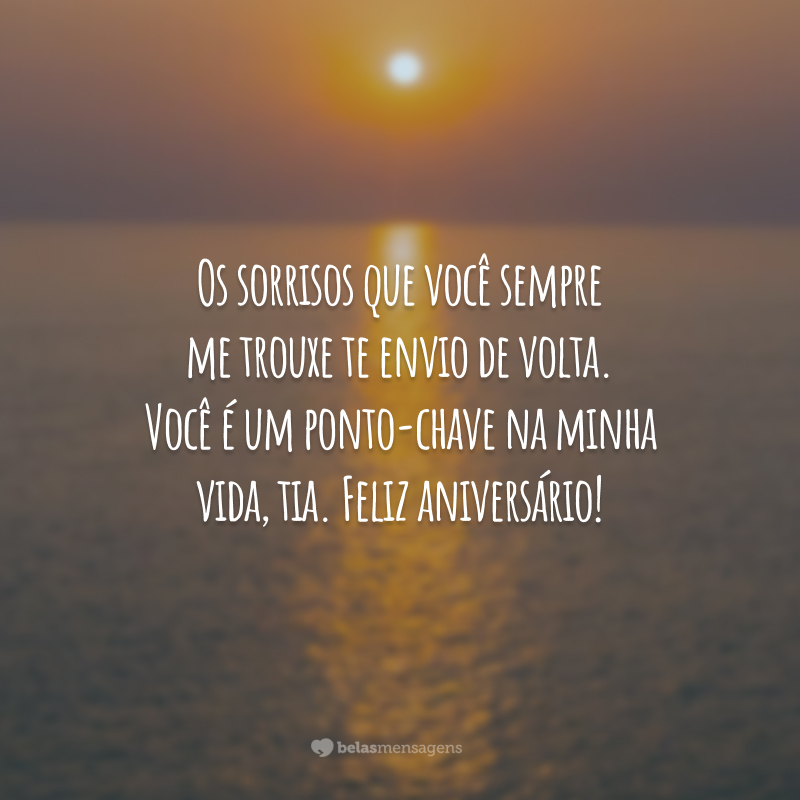 Os sorrisos que você sempre me trouxe te envio de volta. Você é um ponto-chave na minha vida, tia. Feliz aniversário!