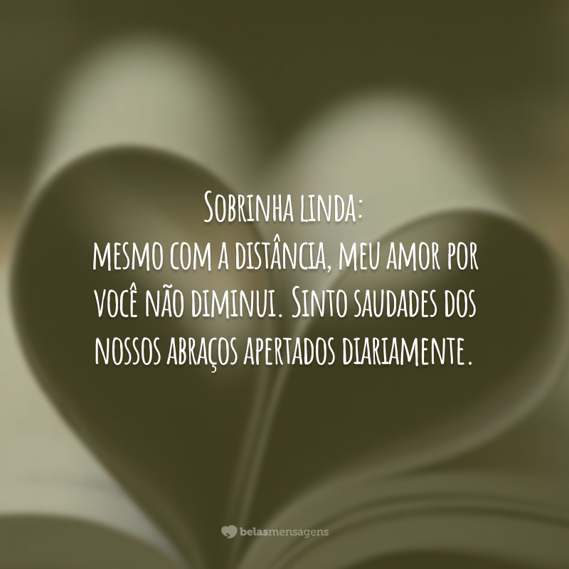 Sobrinha linda: mesmo com a distância, meu amor por você não diminui. Sinto saudades dos nossos abraços apertados diariamente.