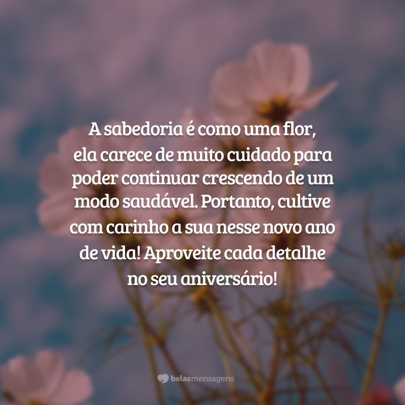 A sabedoria é como uma flor, ela carece de muito cuidado para poder continuar crescendo de um modo saudável. Portanto, cultive com carinho a sua nesse novo ano de vida! Aproveite cada detalhe no seu aniversário!