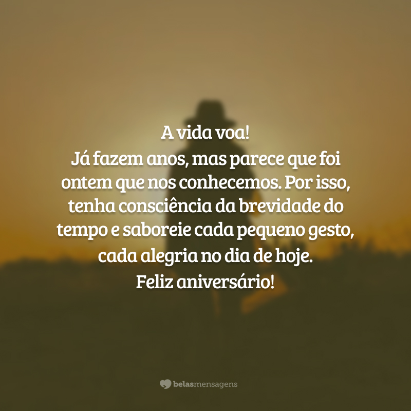 A vida voa! Já fazem anos, mas parece que foi ontem que nos conhecemos. Por isso, tenha consciência da brevidade do tempo e saboreie cada pequeno gesto, cada alegria no dia de hoje. Feliz aniversário!