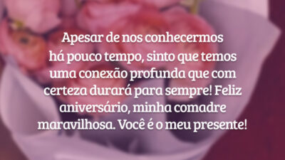 Apesar de nos conhecermos há pouco tempo, sinto que temos uma conexão profunda que com certeza durará para sempre! Feliz aniversário, minha comadre maravilhosa. Você é o meu presente!