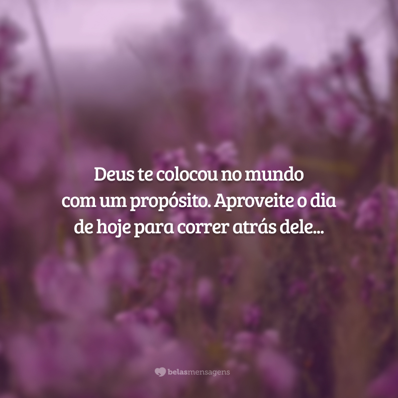 Deus te colocou no mundo com um propósito. Aproveite o dia de hoje para correr atrás dele, alcançando metas cada vez maiores e mais satisfatórias em nome da companhia perfeita do Criador. Só Ele nos torna capazes de tudo realizar.