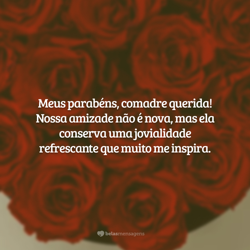 Meus parabéns, comadre querida! Nossa amizade não é nova, mas ela conserva uma jovialidade refrescante que muito me inspira.