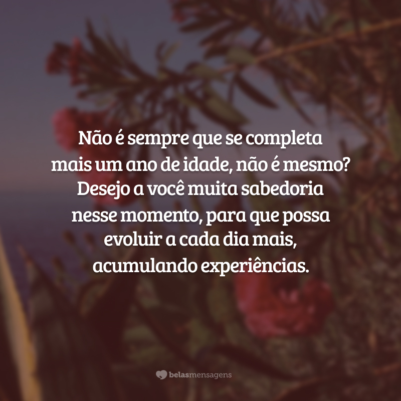 Não é sempre que se completa mais um ano de idade, não é mesmo? Desejo a você muita sabedoria nesse momento, para que possa evoluir a cada dia mais, acumulando experiências.