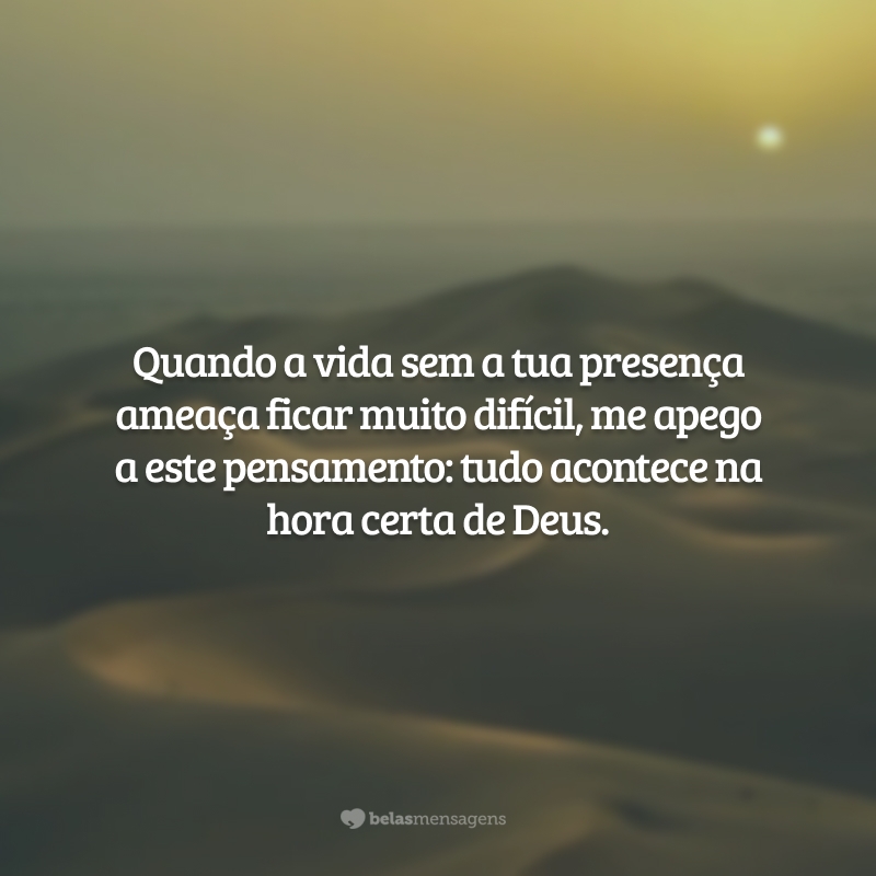 Quando a vida sem a tua presença ameaça ficar muito difícil, me apego a este pensamento: tudo acontece na hora certa de Deus.