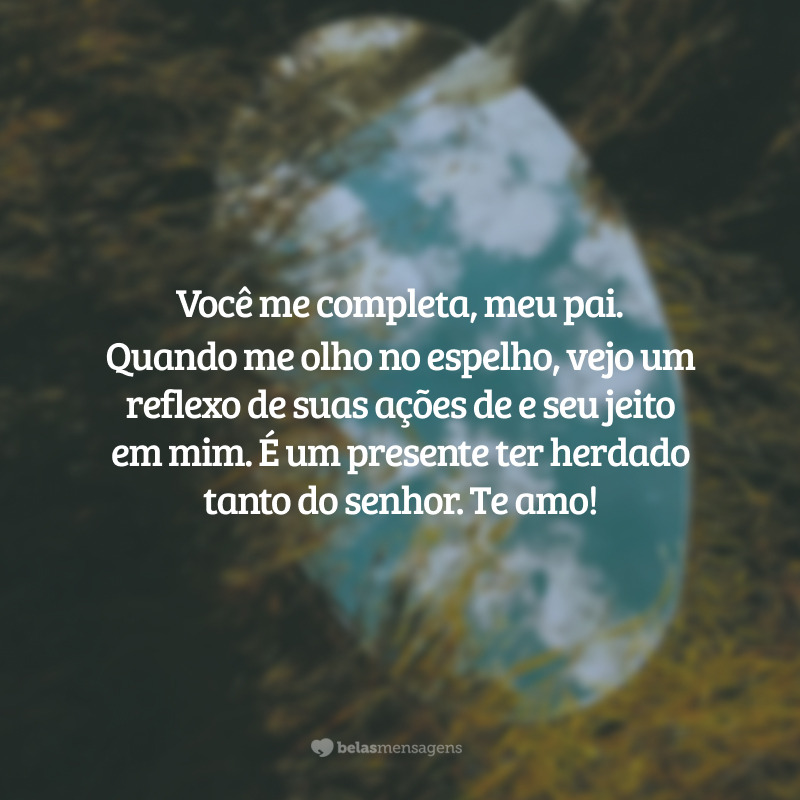 Você me completa, meu pai. Quando me olho no espelho, vejo um reflexo de suas ações de e seu jeito em mim. É um presente ter herdado tanto do senhor. Te amo!