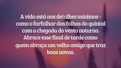A vida está nos detalhes mínimos - como o farfalhar das folhas do quintal com a chegada do vento noturno. Abrace esse final de tarde como quem abraça um velho amigo que traz boas novas.