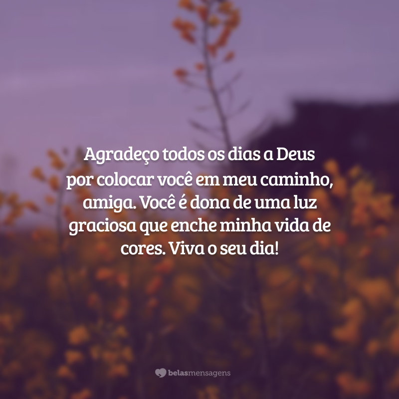 Agradeço todos os dias a Deus por colocar você em meu caminho, amiga. Você é dona de uma luz graciosa que enche minha vida de cores. Viva o seu dia!