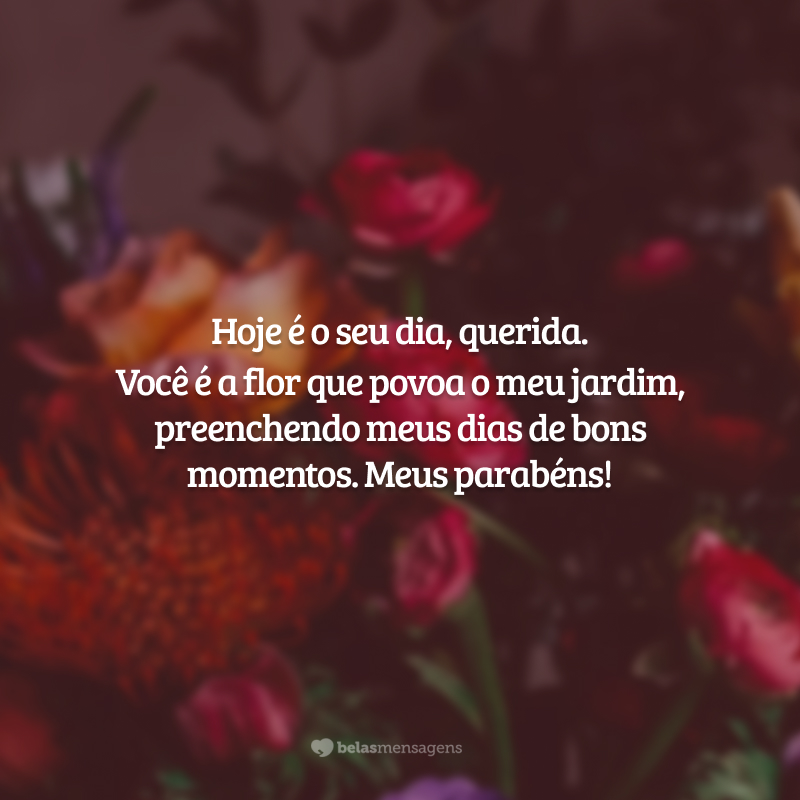 Hoje é o seu dia, querida. Você é a flor que povoa o meu jardim, preenchendo meus dias de bons momentos. Meus parabéns!