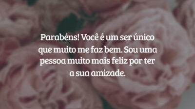 Parabéns! Você é um ser único que muito me faz bem. Sou uma pessoa muito mais feliz por ter a sua amizade.
