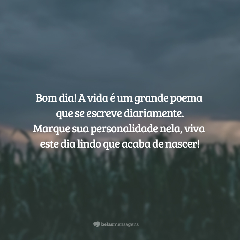 Bom dia! A vida é um grande poema que se escreve diariamente. Marque sua personalidade nela, viva este dia lindo que acaba de nascer!