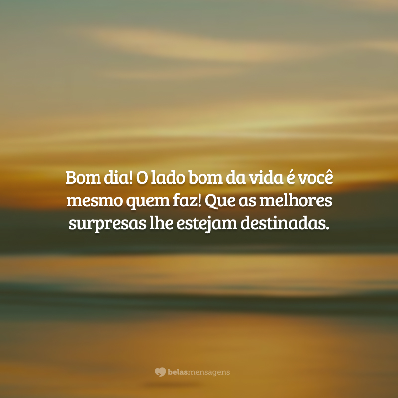 Bom dia! O lado bom da vida é você mesmo quem faz! Que as melhores surpresas lhe estejam destinadas.