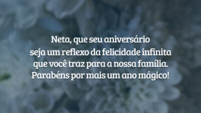 Neta, que seu aniversário seja um reflexo da felicidade infinita que você traz para a nossa família. Parabéns por mais um ano mágico!