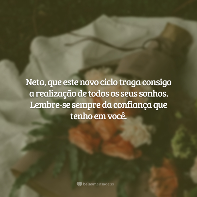 Neta, que este novo ciclo traga consigo a realização de todos os seus sonhos. Lembre-se sempre da confiança que tenho em você.