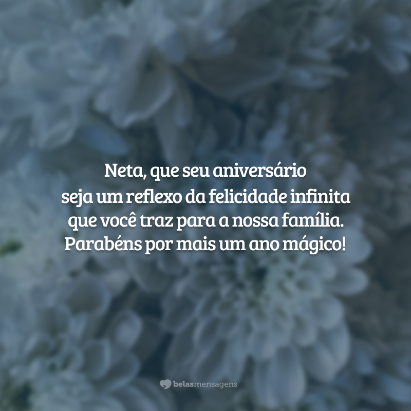 Neta, que seu aniversário seja um reflexo da felicidade infinita que você traz para a nossa família. Parabéns por mais um ano mágico!