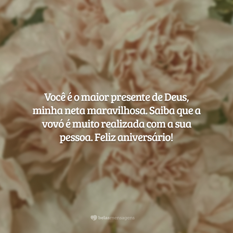 Você é o maior presente de Deus, minha neta maravilhosa. Saiba que a vovó é muito realizada com a sua pessoa. Feliz aniversário!