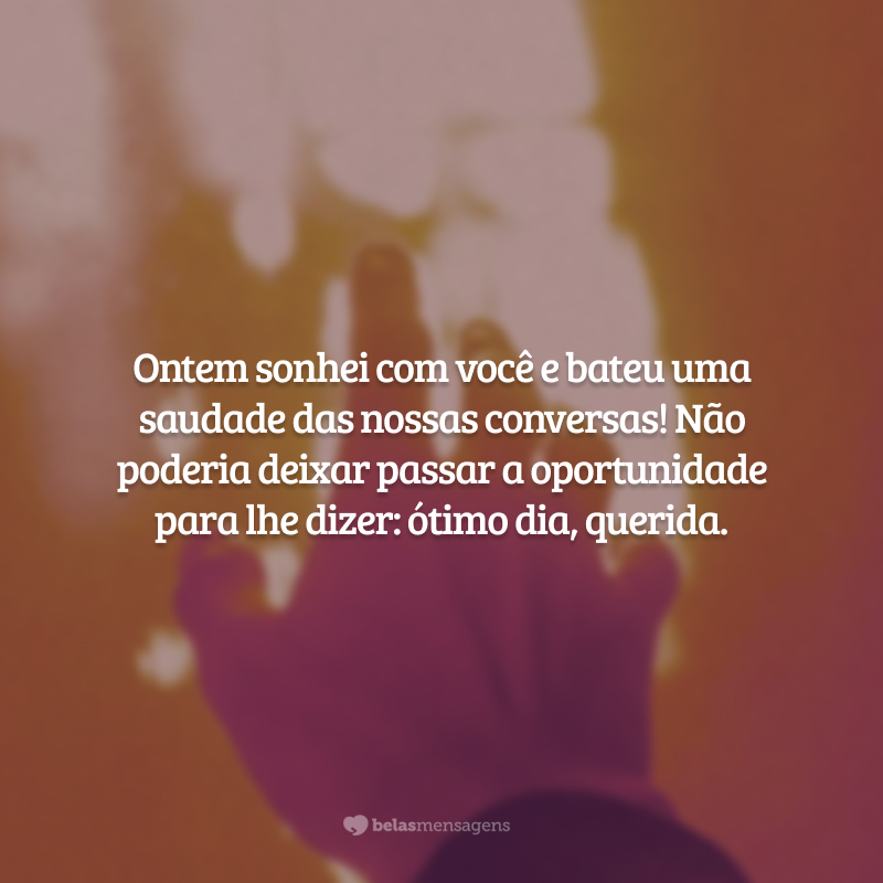 Ontem sonhei com você e bateu uma saudade das nossas conversas! Não poderia deixar passar a oportunidade para lhe dizer: ótimo dia, querida.