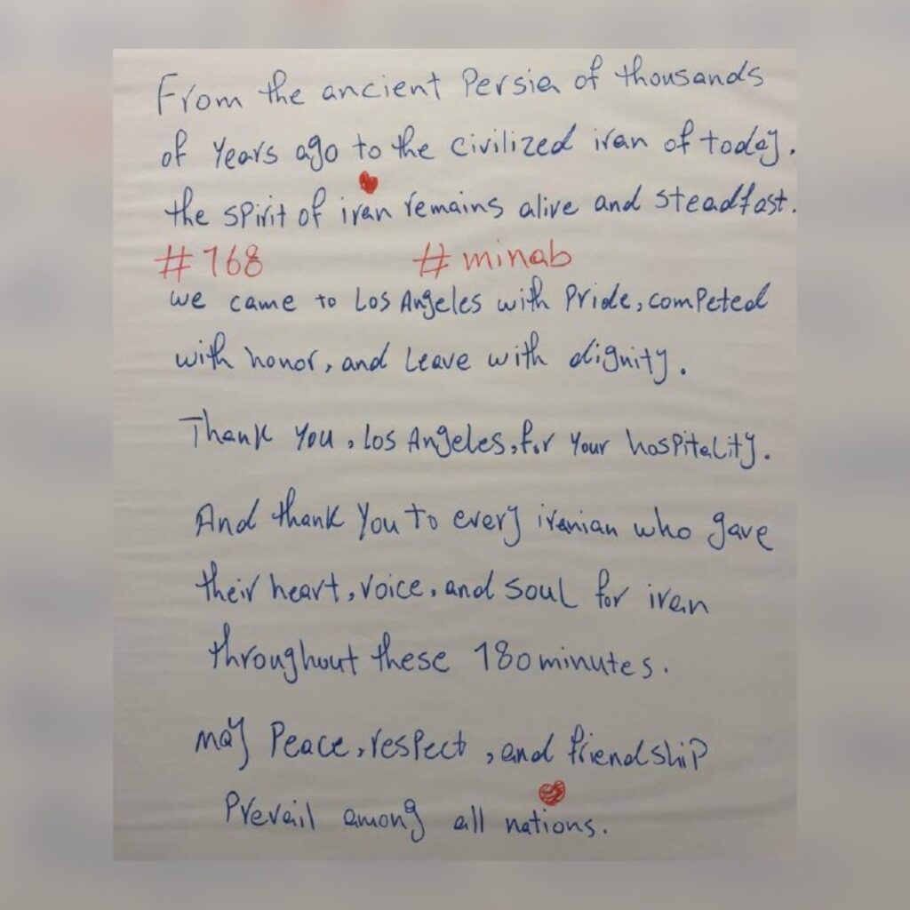 Nota manuscrita expressando gratidão e esperança de paz, em Los Angeles.